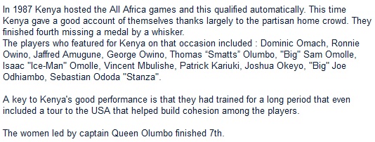 In 1987 Kenya hosted the All Africa games and this qualified automatically. This time Kenya gave a good account of themselves thanks largely to the partisan home crowd. They finished fourth missing a medal by a whisker. 